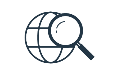 Magnifying glass over world icon.